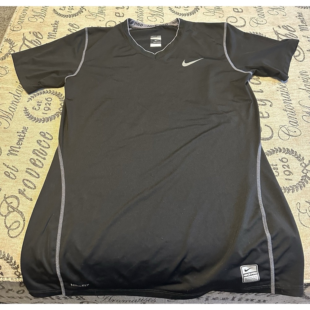 Nike Pro Fitted V-Neck Athletic Shirt Womens Size M(8-10) Black Gym Workout